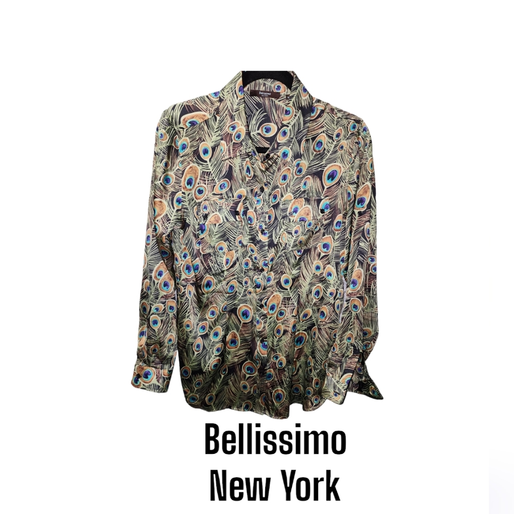 BELLISSIMO PEACOCK PRINTED LONG-SLEEVE  BLOUSE SIZE MEDIUM